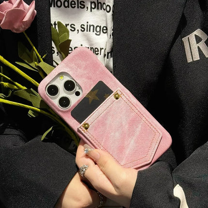 For iPhone 16 Pro Max Case Card Holder Jeans Cloth Texture PU Leather Back Cover