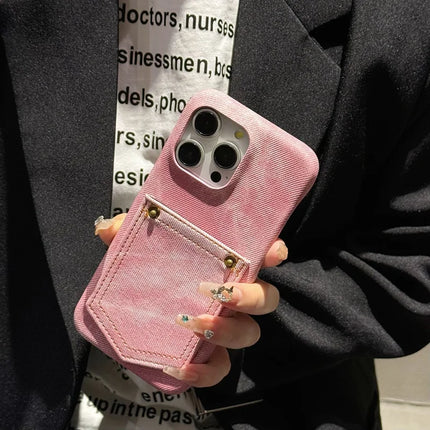 For iPhone 16 Pro Max Case Card Holder Jeans Cloth Texture PU Leather Back Cover