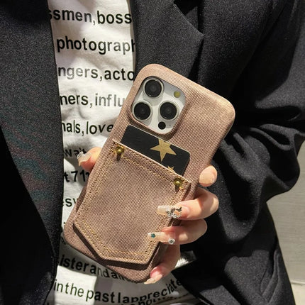 For iPhone 16 Pro Max Case Card Holder Jeans Cloth Texture PU Leather Back Cover