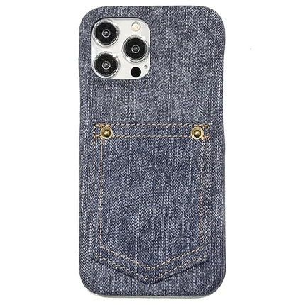 For iPhone 16 Pro Max Case Card Holder Jeans Cloth Texture PU Leather Back Cover - Dark Blue