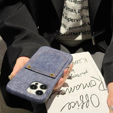 For iPhone 16 Pro Max Case Card Holder Jeans Cloth Texture PU Leather Back Cover