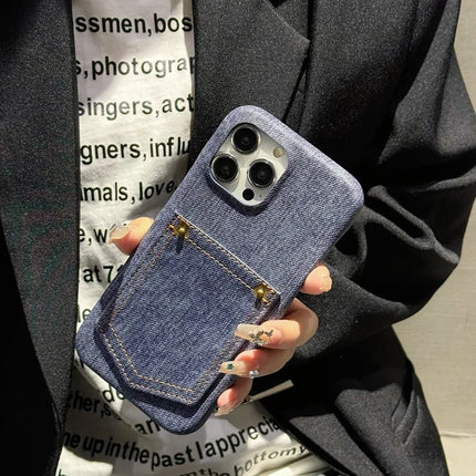 For iPhone 16 Pro Max Case Card Holder Jeans Cloth Texture PU Leather Back Cover
