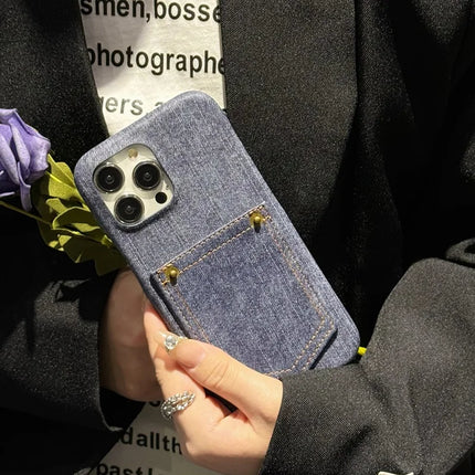 For iPhone 16 Pro Max Case Card Holder Jeans Cloth Texture PU Leather Back Cover
