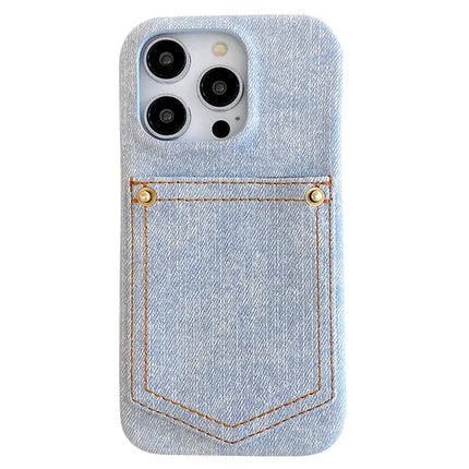 For iPhone 16 Pro Max Case Card Holder Jeans Cloth Texture PU Leather Back Cover - Baby Blue