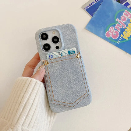 For iPhone 16 Pro Max Case Card Holder Jeans Cloth Texture PU Leather Back Cover