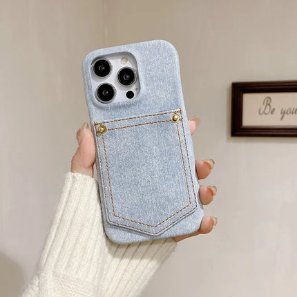 For iPhone 16 Pro Max Case Card Holder Jeans Cloth Texture PU Leather Back Cover