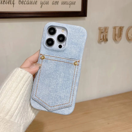 For iPhone 16 Pro Max Case Card Holder Jeans Cloth Texture PU Leather Back Cover