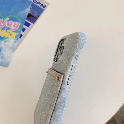 For iPhone 16 Pro Max Case Card Holder Jeans Cloth Texture PU Leather Back Cover