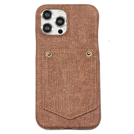For iPhone 16 Pro Max Case Card Holder Jeans Cloth Texture PU Leather Back Cover - Dark Brown