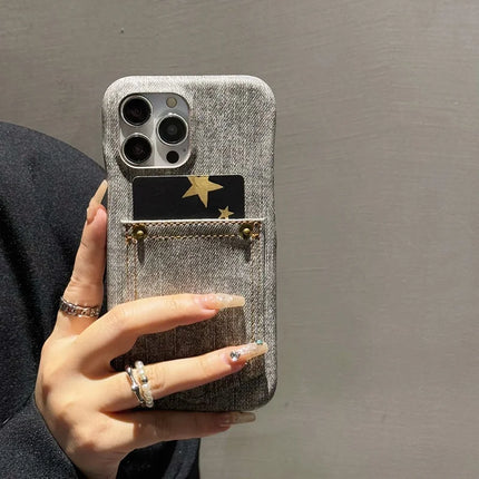 For iPhone 16 Pro Max Case Card Holder Jeans Cloth Texture PU Leather Back Cover
