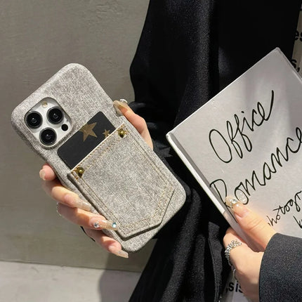 For iPhone 16 Pro Max Case Card Holder Jeans Cloth Texture PU Leather Back Cover