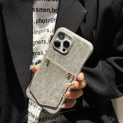 For iPhone 16 Pro Max Case Card Holder Jeans Cloth Texture PU Leather Back Cover