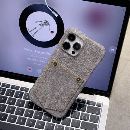 For iPhone 16 Pro Max Case Card Holder Jeans Cloth Texture PU Leather Back Cover