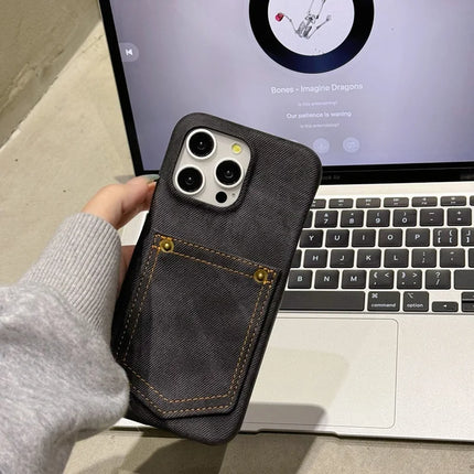 For iPhone 16 Pro Case Card Holder Jeans Cloth Texture PU Leather Back Cover