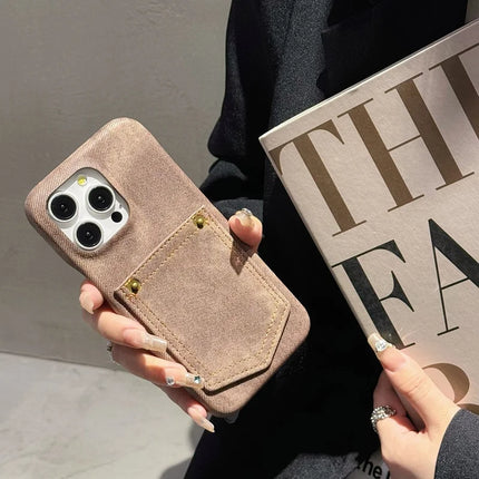 For iPhone 16 Pro Case Card Holder Jeans Cloth Texture PU Leather Back Cover