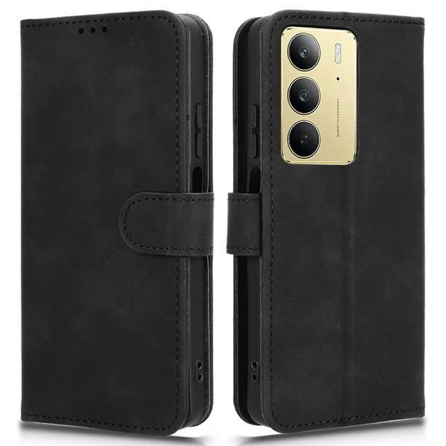 For Realme C75 Leather Case Skin Feel Anti Drop Wallet Flip Phone Cover - Black