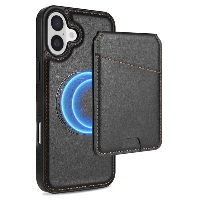 For iPhone 16 Plus Case Compatible with MagSafe Detachable Card Holder Kickstand Leather Phone Back Cover - Black