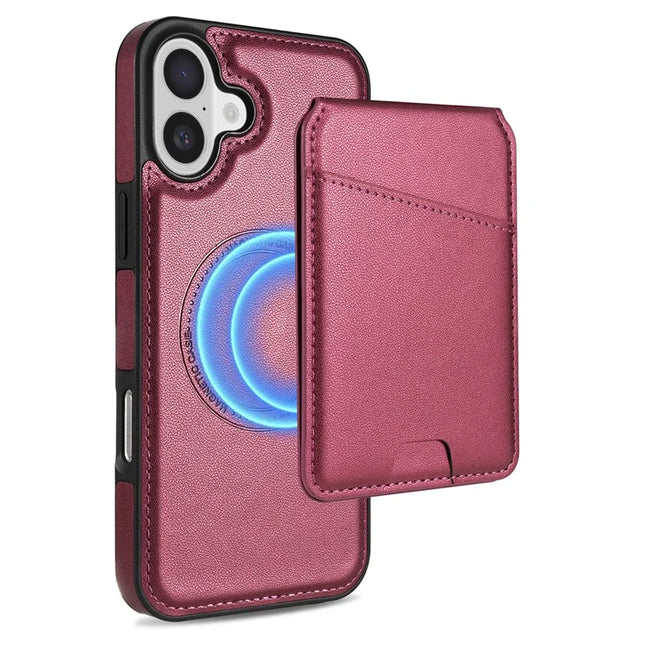 For iPhone 16 Plus Case Compatible with MagSafe Detachable Card Holder Kickstand Leather Phone Back Cover - Red