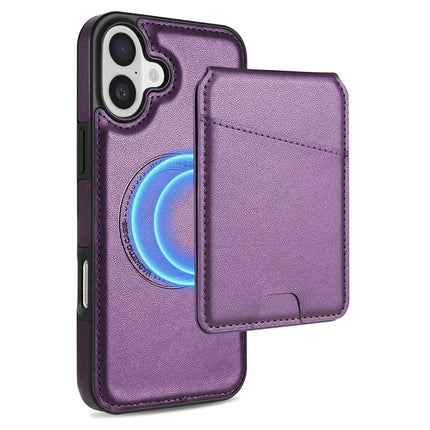 For iPhone 16 Plus Case Compatible with MagSafe Detachable Card Holder Kickstand Leather Phone Back Cover - Purple