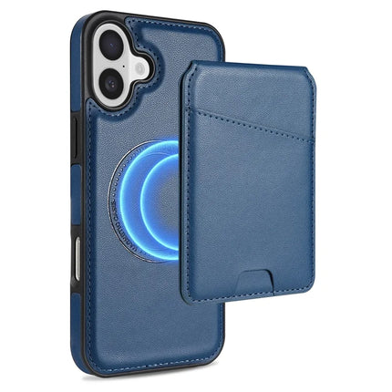 For iPhone 16 Plus Case Compatible with MagSafe Detachable Card Holder Kickstand Leather Phone Back Cover - Blue