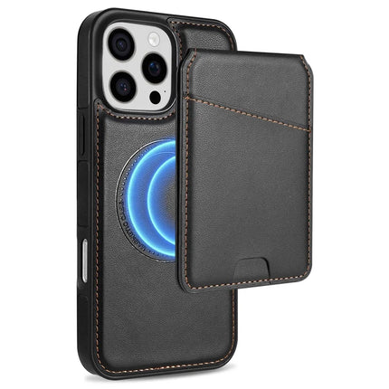 For iPhone 16 Pro Max Case Compatible with MagSafe Detachable Card Holder Kickstand Leather Phone Back Cover - Black