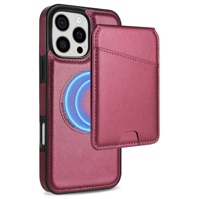 For iPhone 16 Pro Max Case Compatible with MagSafe Detachable Card Holder Kickstand Leather Phone Back Cover - Red