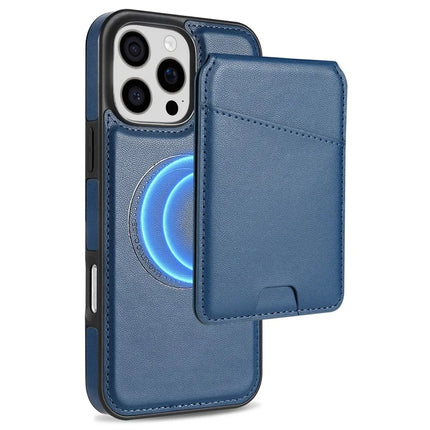 For iPhone 16 Pro Max Case Compatible with MagSafe Detachable Card Holder Kickstand Leather Phone Back Cover - Blue