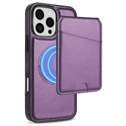 For iPhone 16 Pro Max Case Compatible with MagSafe Detachable Card Holder Kickstand Leather Phone Back Cover - Purple
