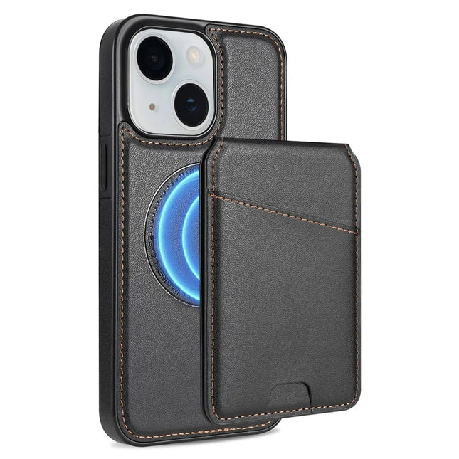 For iPhone 13 Case Compatible with MagSafe Detachable Card Holder Kickstand Leather Phone Back Cover - Black