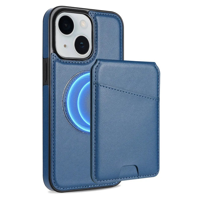 For iPhone 13 Case Compatible with MagSafe Detachable Card Holder Kickstand Leather Phone Back Cover - Blue