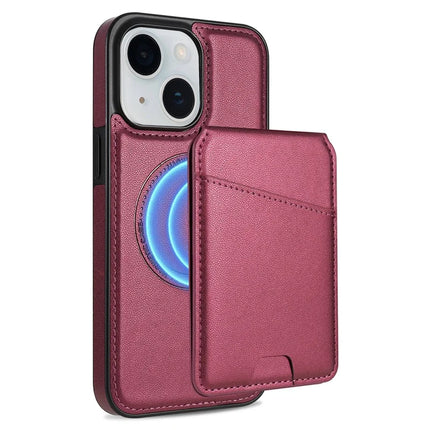 For iPhone 13 Case Compatible with MagSafe Detachable Card Holder Kickstand Leather Phone Back Cover - Red