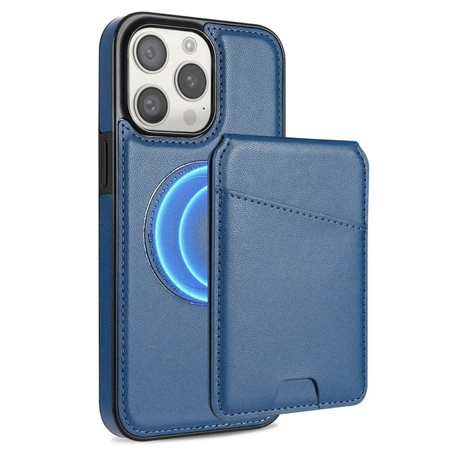 For iPhone 13 Pro Max Case Compatible with MagSafe Detachable Card Holder Kickstand Leather Phone Back Cover - Blue
