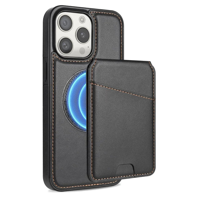For iPhone 13 Pro Max Case Compatible with MagSafe Detachable Card Holder Kickstand Leather Phone Back Cover - Black