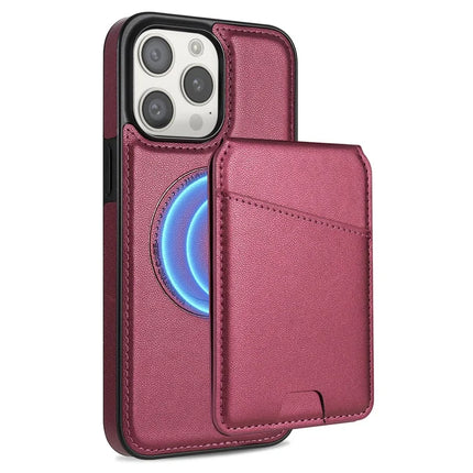For iPhone 13 Pro Max Case Compatible with MagSafe Detachable Card Holder Kickstand Leather Phone Back Cover - Red
