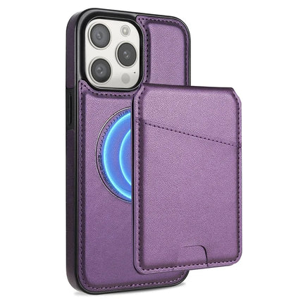 For iPhone 13 Pro Max Case Compatible with MagSafe Detachable Card Holder Kickstand Leather Phone Back Cover - Purple