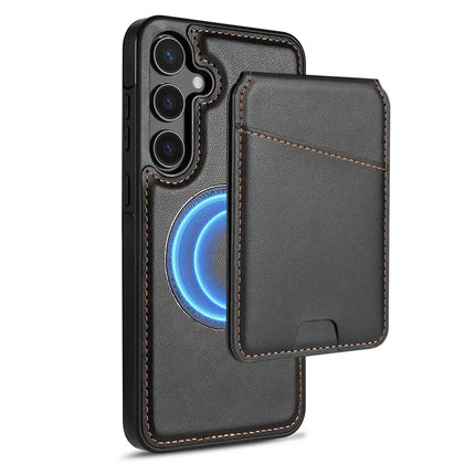 For Samsung Galaxy A55 5G Case Compatible with MagSafe Detachable Card Holder Kickstand Leather Phone Back Cover - Black