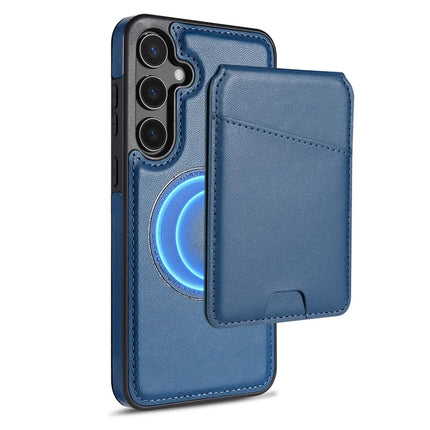 For Samsung Galaxy A55 5G Case Compatible with MagSafe Detachable Card Holder Kickstand Leather Phone Back Cover - Blue