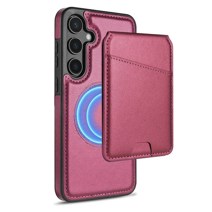 For Samsung Galaxy A55 5G Case Compatible with MagSafe Detachable Card Holder Kickstand Leather Phone Back Cover - Red