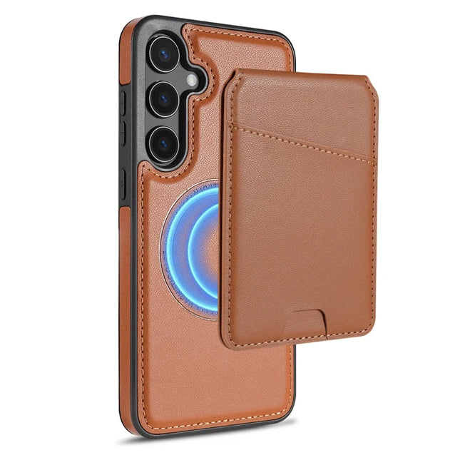 For Samsung Galaxy A15 4G / 5G Case Compatible with MagSafe Detachable Card Holder Kickstand Leather Phone Back Cover - Brown