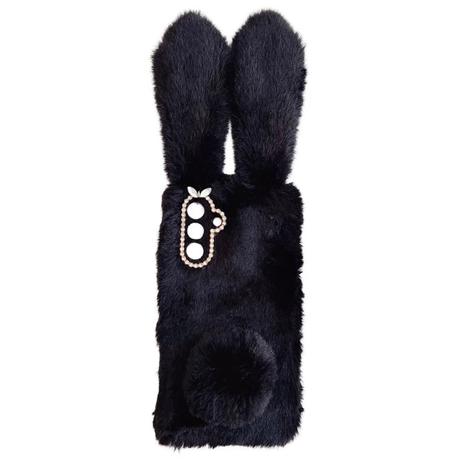 For Samsung Galaxy A36 5G Case Bunny Ears Furry Soft TPU Protective Phone Cover - Black
