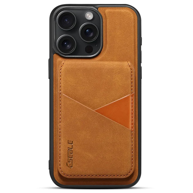 ESEBLE E2 For iPhone 16 Pro Max Magnetic Case RFID Blocking Retro Leather Back Cover with Detachable Card Holder - Yellow