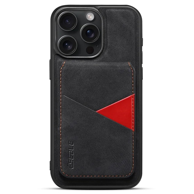 ESEBLE E2 For iPhone 16 Pro Max Magnetic Case RFID Blocking Retro Leather Back Cover with Detachable Card Holder - Black