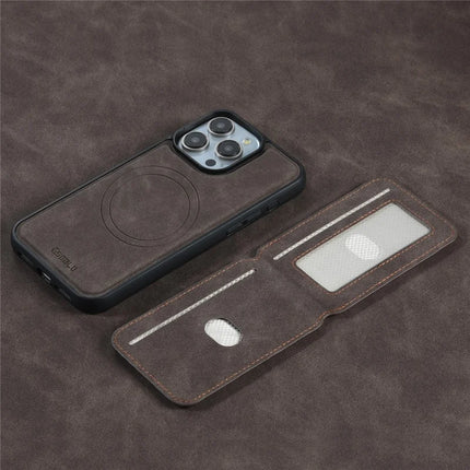 ESEBLE E2 For iPhone 16 Pro Magnetic Case RFID Blocking Retro Leather Back Cover with Detachable Card Holder