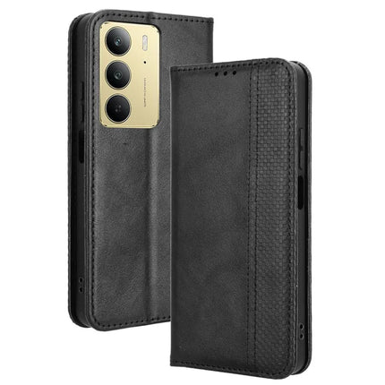 For Realme C75 Leather Case Wallet Stand Retro Texture Phone Cover - Black