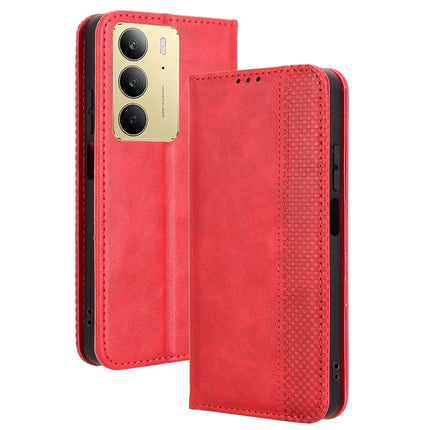 For Realme C75 Leather Case Wallet Stand Retro Texture Phone Cover - Red