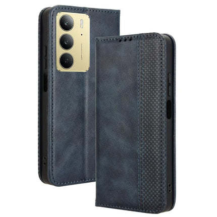 For Realme C75 Leather Case Wallet Stand Retro Texture Phone Cover - Blue