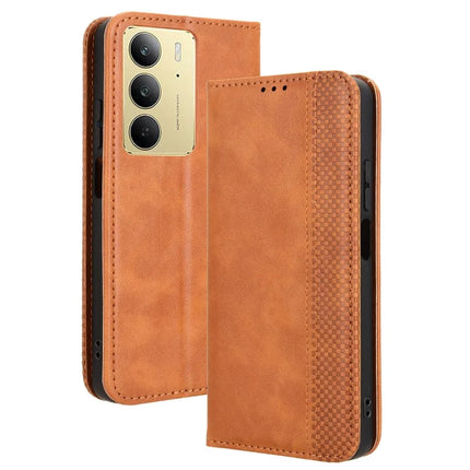 For Realme C75 Leather Case Wallet Stand Retro Texture Phone Cover - Brown