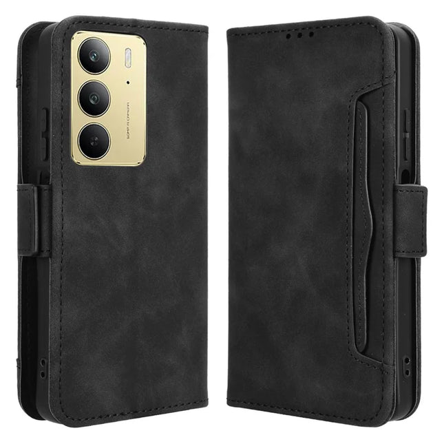 For Realme C75 Leather Case Phone Wallet Cover with Multiple Card Slots - Black