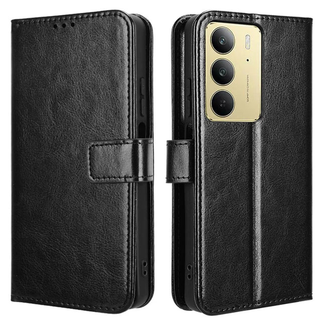 For Realme C75 Case Crazy Horse Texture PU Leather Phone Wallet Cover - Black