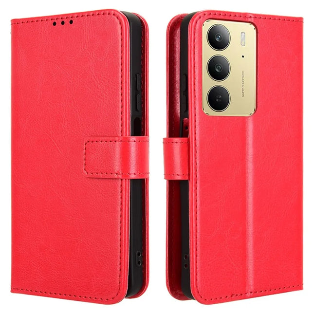 For Realme C75 Case Crazy Horse Texture PU Leather Phone Wallet Cover - Red